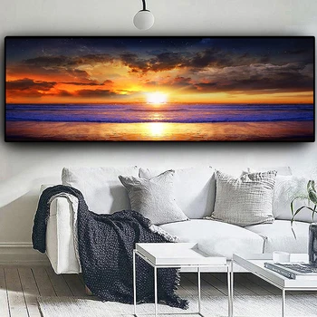 Sončni zahodi Nebo Naravnih Colorf Obali Ocean Morje Krajine Panorama Platno Slikarstvo Plakati in Tisk Stenskih slikah, za dnevno Sobo