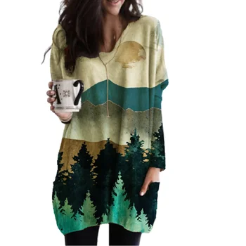Pozimi leta 2020 Odročnih Gorskih Gozdov 3D Tiskanja Ženske obleke, Casual Svoboden Dolg Rokav Pocket Stranka Mini Obleke Plus Velikost Vestidos
