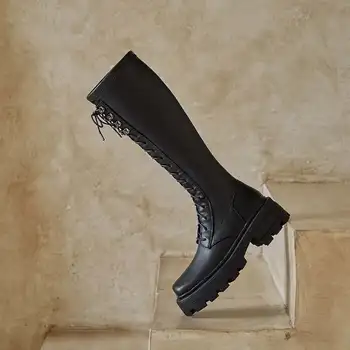 Krazing Pot pravega usnja konjeniški čevlji kvadratni toe kovinske sponke toplo platformo toplo čipke kolena visoki škornji L9f2