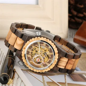 Luksuzni Moške Gledajo Automatic Mehanski Lesene Watch Rimskimi številkami Prikazati Lesa Bangle ročno uro Ustvarjalne Moško Uro reloj