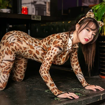 Ženske clubwear partywear najlon Leotard bodysuit Romper Jumpsuits Dolg rokav seksi Glej skozi Seksi Leopard Dveh Zadrgo jumpsuit