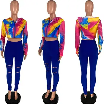 Jeseni nove priložnostne multicolor natisnjeni žensk obleko modne slim fit Proti-vrat zadrgo dolg rokav plašč in hlače komplet