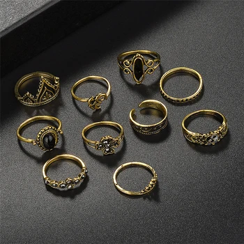Vintage Členek Ring Set za Ženske Modni Črna Luna Kamen Taiji Midi Prst Obroči Boho Krono Modni Nakit 10pcs/Set