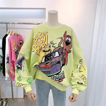 Dvostranski vzorec Sweatshirts Hip Hop Coats Smešno Prevelik Majica Ženske Risanka Bombaž Puloverju Turtleneck Ulične
