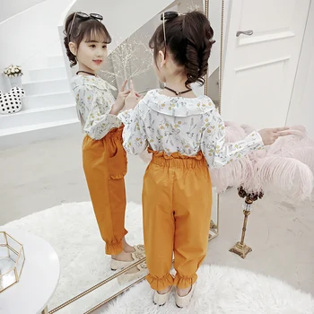 Moda Pomlad Jesen Baby Dekleta Kompleti Oblačil Z Dolgimi Rokavi Cvetlični Lotus Listov Ovratnik Bluzo+Trdni Hlače Otroci Športna Oblačila
