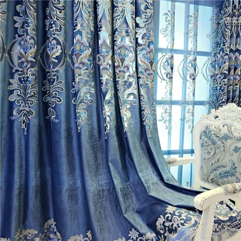 Evropski luksuzni po meri blue velvet, vezene zavese za dnevno sobo windows z visoko kakovostjo Voile Zavesa za spalnice