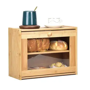 Bambus Kruh Box Škatla za Shranjevanje Dvojne Plasti Predal Veliko Hrane Posode Kuhinja Organizator ima Vgrajen Pregleden Okno