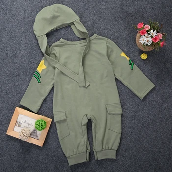 Jeseni Piloti Baby Boy Otroci Dojenčka Bombaž Dolg Rokav Romper+Klobuk Skp Jumpsuit Obleke Set 6-24M