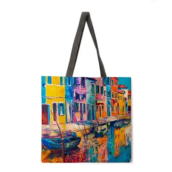 Zložljiva nakupovalna torba pastorala oljna slika, tiskanje vrečko damo rame ženski prosti čas torbici prostem plaže vrečko ženski tote b