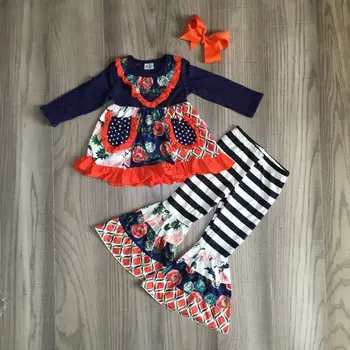 Baby Dekleta Jeseni obleko dekleta cvetlični nastavite bell dnu hlače dojenček otroci boutique oblačila z lokom