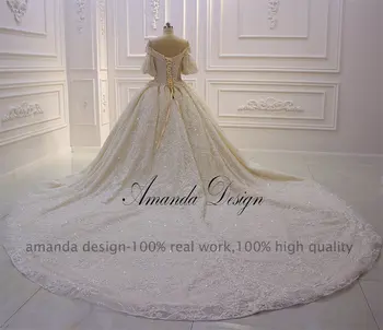 Amanda Design gelinlik 2019 Off Ramenski Luksuzni Kristalno Šampanjec Puff Rokav Poročno Obleko