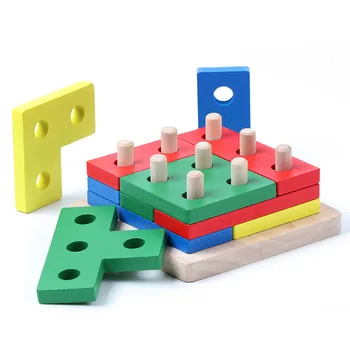 Zgodnje Izobraževalne Igrače, Lesene Geometrijske Uganke Otroci Logiko Intelektualne Igrača Stolpec Oblike Zlaganje Stavbe Montessori Puzzle