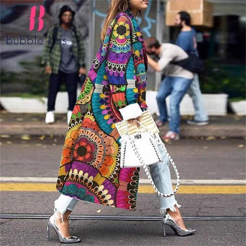 2020 Pomlad Žensk Plašč Dolgo Natisnjeni Cvetlični Dame Suknjič Fashion Color Matching Elegantno Letnik Priložnostne Plus Velikost Dolgo Jakno