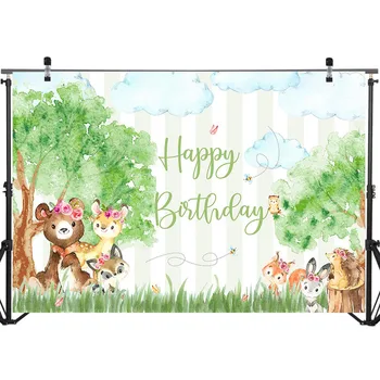 Gozd Happy Birthday Ozadje Akvarel Slika Jungle Živali Fotografiji V Ozadju Gozd Baby Tuš Banner Dekoracijo