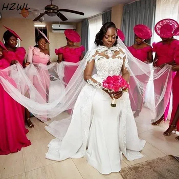 Afriške Plus Velikost Poročne Obleke S Snemljivo Vlak 2020 Satena In Čipke Odklon Vratu Dolg Rokav Morska Deklica Poročne Obleke Vestidos