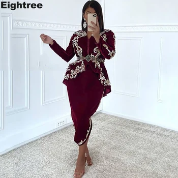 Eightree Burgundija Alžirski Caftan Večerno Obleko Maroko Žamet Posebne priložnosti Obleke Appliqued Čipke Obleko Prom Stranka Oblek