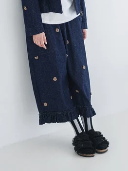 Imakokoni temno moder jeans original design bombaž vse-tekmo priložnostne devet-točka ravne noge hlače