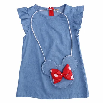 Minnie 2016 Jeansa Obleko Otroci Baby Girl Oblačenja Otrok Dekleta Stranka Obleke brez Rokavov Dekliška Oblačila z lokom vrečko 1~4