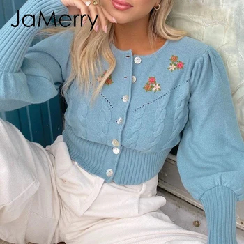 JaMerry Vzročno modra jesen zima kratke ženske jopico Elegantno cvet split puff sleeve jopica Modni ženski pleteni pulover