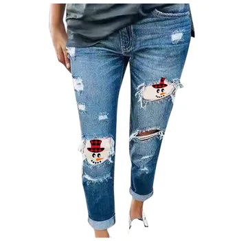 2020 Ženske Jeans Snežaka Klobuk Tiskanja Ripped Kavbojke Plus Velikost Hlače Ženske Priložnostne Ulične Pantalon Femme Hlače Z Luknjami