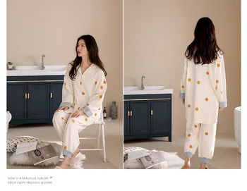 Jeseni Nove Ženske Pižame Nastavite Natisnjeni Polno Bombaž Sveže Slog Sleepwear Nastavite Ženske Zavoj navzdol Ovratnik Ženski Priložnostne Homewear Pijama