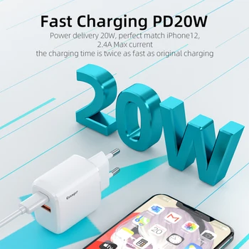 Essager 20W Mobilni Telefon Hitro Polnilnik, Hitro Polnjenje Plug PD+QC3.0 Tip-C USB Dvojni Vmesnik Za iPhone 12 Huawei Samsung