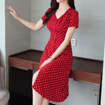 2019 piko Na-line urad dama šifon obleko Modne Poletne ženske obleke Imperij Proti-Vrat rdečo obleko žensk Gumb 3527 50