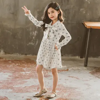 Otroci Trdna Pika Bowtie Obleko Spredaj Naguban Dekleta Lepe Obleke Otroci 2020 Bluzo Slog Črte Otrok Koleno Dolžina Šifon Obleke