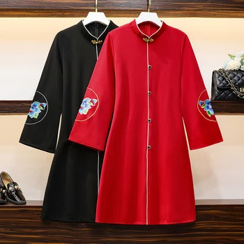 Jeseni M-4XL Plus Velikost Letnik Rdeče Črne Vezenine Kitajski Slog Tradicionalnih Priložnostne Ženske Dolg Rokav Cheongsam Obleke Qipao