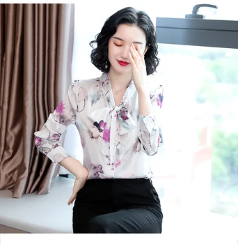 Korejski Moda Svile Ženske Bluze Saten Dolg Rokav Cvet Rokavi Ženske Urad Dama Blusas Largas Plus Velikost Jeseni Womens Vrhovi