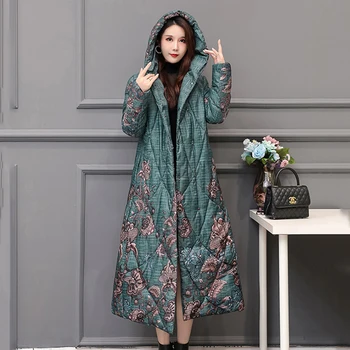 Kitajski Slog Žensk Pozimi Navzdol Jakno X-dolgo Tiskanje Plus Velikost Debele Outwear Hooded Svoboden Zajeti Gumb Ženski Plašč Hladne