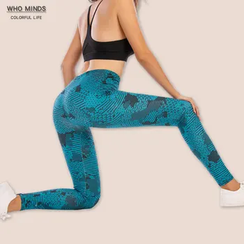 Moda Modra Azteški Anti Celulit Seksi Visoko Pasu Legging Elastičnost Push Up Fitnes Gym Ženske Dokolenke Hlače Zložene Dokolenke