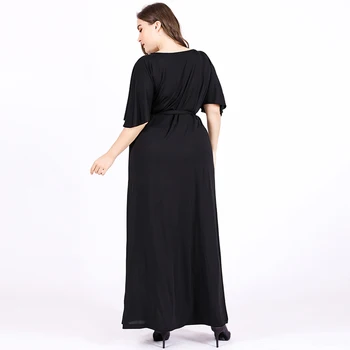 Plus Velikost Ženske noše Proti-vrat Visoko Pasu Poletje Dolgo Ohlapno Obleko Eleganten Casual Maxi Obleke Črne TA1808