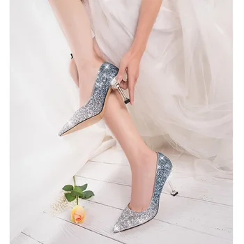 Kristalno sequined poročni čevlji z visoko peto stiletto opozoril poročni čevlji srebro družico obleko čevlje pearl pete