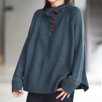 Ženski novo jeseni in spomladi literarni plus velikost retro priložnostne zadeli barvni gumb stand ovratnik hooded ohlapen pulover