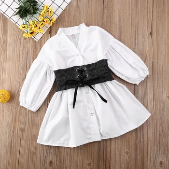 1-6Y Jesen Pomlad Malčka Fant Dekleta, Obleko z Dolgimi Rokavi Belo Obleko Črne Denim Pasu Otrok Otrok Dekleta Kostumi