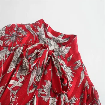 Za Ženske Lok, Ki So Vezane Cvjetnim Tiskanja Bluzo Long Sleeve Vintage Rdeče Majice Ženska Moda Elegantna Urad Obrabe Vrhovi 2020