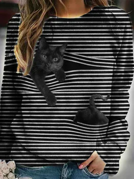 Črtasto Mačka Tiskanja Moda Priložnostne Dolgo rokavi T-shirt Retro Klasična Črno Belo Črtasto O-vratu Puloverju Vrhovi Ženske Ulica Tshirt