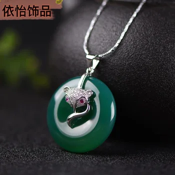 Naravna Zelena agate Jade Varnostne Sponke Obesek, Srebro 925 Fox Ogrlica Kitajski Jadeit Amulet Modni Nakit Darila za Ženske Njo