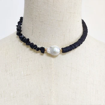 Moda klasičen črn silikonski ogrlica punk kul moška oblačila dodatki naravnega kamna pearl ročno izdelani ženski čar nakit