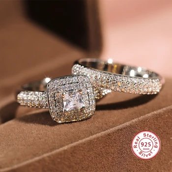 Trdne 925 Sterling Srebro luksuzni Diamanti poročni Prstani set za poročne Ženske Angažiranosti prst božično darilo Nakit