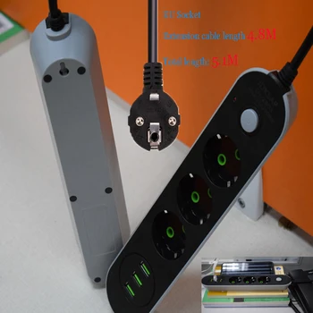3 USB Multi-port Polnjenje Vtičnico 3 Priključite Napajalni Trakovi Stikalo 5M/2M /1.4 M Kabel EU Vtičnice, ki je Primerna za EU Vtič v Električno Vtičnico
