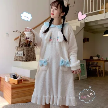 Pozimi korejski Toplo Puding Pes Plišastih Anime Nighdress Žensk Obleko z Dolgimi Rokavi Sleepwear Doma Ženske Obleke Noč
