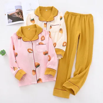 2020 Pomlad Nove Ženske Pižame Nastavite Sweet Strawberry Natisnjeni Ženske Zavoj Navzdol Ovratnik Sleepwear Udobje Gaza Bombaž Svoboden Homewear