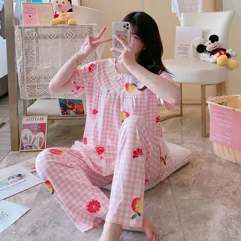 Kawaii Pižamo za Ženske 2021 Pomlad Pyjama Femme Sleepwear Nastavite Žensk Domov Oblačila Risanka Cvet Tiskanja Pižamo Velika Velikost
