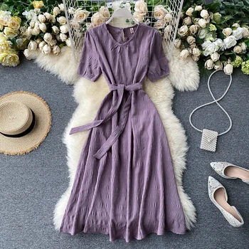 Vijolična Poletje Ženske Obleko Elegantno Trdna Letnik Priložnostne Korejski 2020 Nove Obleke Ženska Šifon Vestidos Verano Mujer