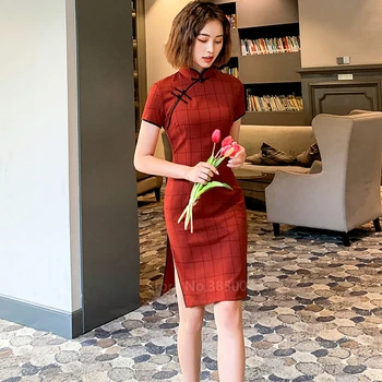 Kitajska Tradicionalna Obleka Ženska Kariran Elegantno Letnik Bombaž Perilo Slim Cheongsam Seksi Split Poletje Haljo Plus Vestidos Stranka