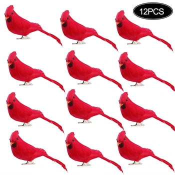 12pcs Simulacije Rdeče Perje Ptic Posnetek Na Božično Drevo Ornament Okraski Božič Umetne Ptice Okras Za Vrt