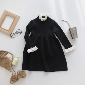 2019 Pozimi Novo Otrok Dekle Uho Rob Pletenje Volne Obleke Baby Dolg Rokav Vzročno Pulover Princesa Obleko Otroci Bombaž Obleko