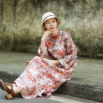 LZJN Tradicionalna Kitajska Obleka 2019 Jeseni Long Sleeve Vintage Plašč Femme Sodobne Cheongsam Cvjetnim Tiskanja Etnične Orientalski Qipao